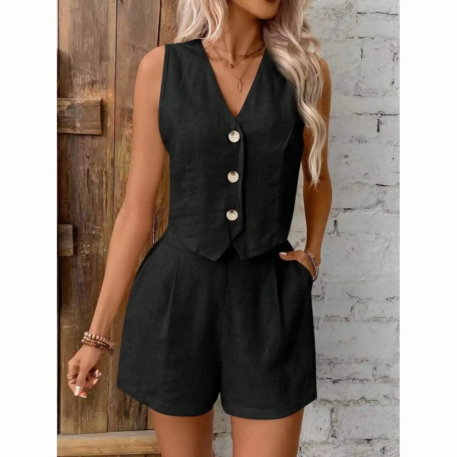 Conjunto casual de top tipo chaleco y pantalones cortos de algodón y lino