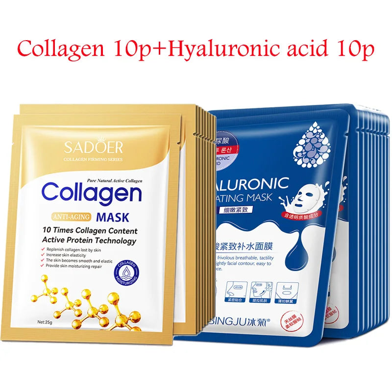 Pack de 20 mascarillas faciales de ácido hialurónico y colágeno