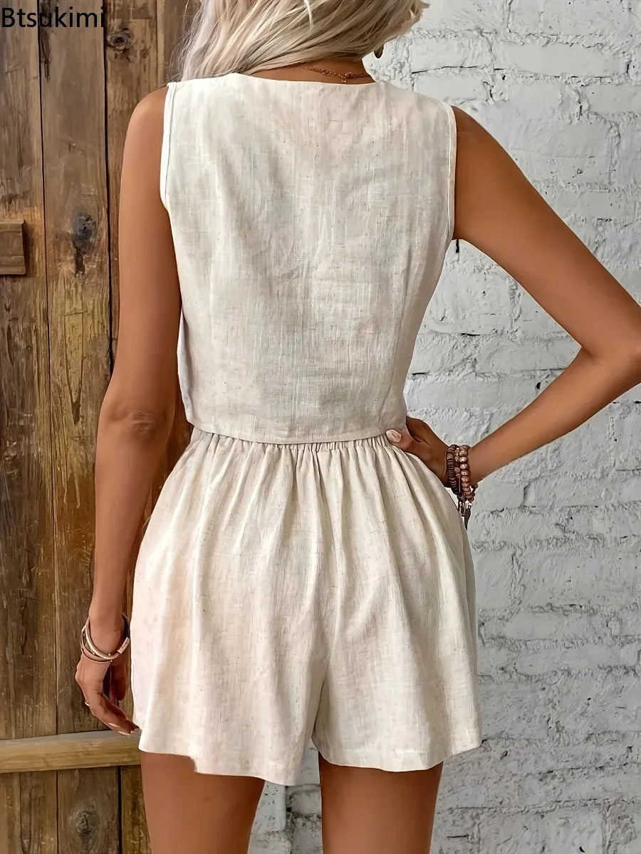Conjunto casual de top tipo chaleco y pantalones cortos de algodón y lino