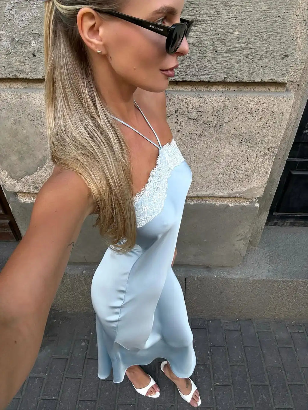 Vestido largo de satén azul